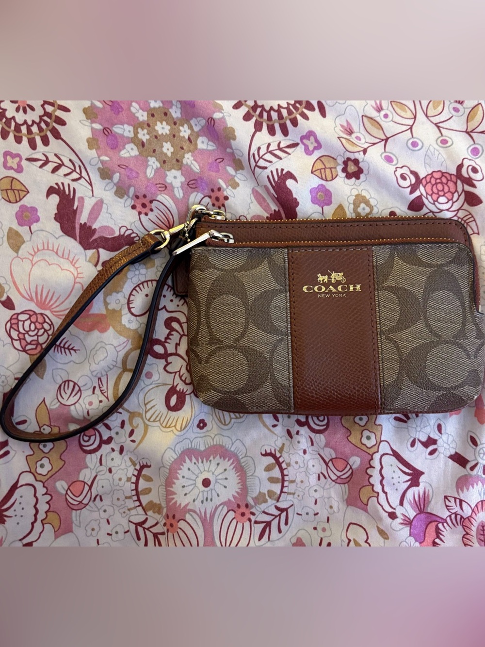 Coach Brown Signature Canvas Wristlet With Double Zipper Pocket And Leather Trim